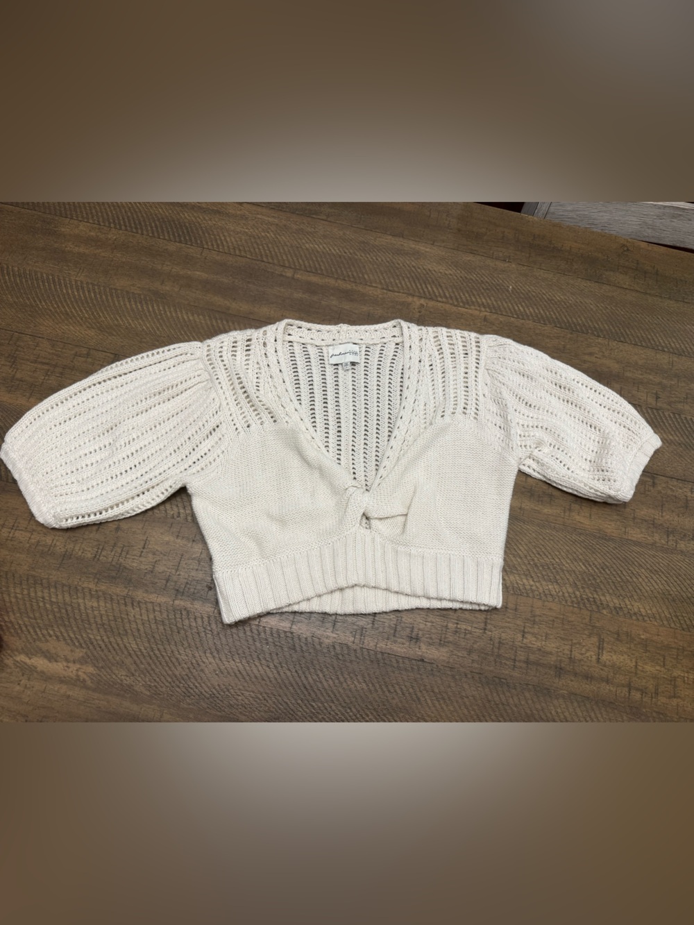 Freshman 1996 Cream Open-Knit V-Neck Tie-Front crop Sweater